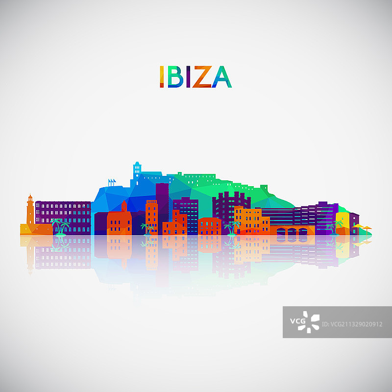 彩色几何风格的伊维萨岛天际线图片素材