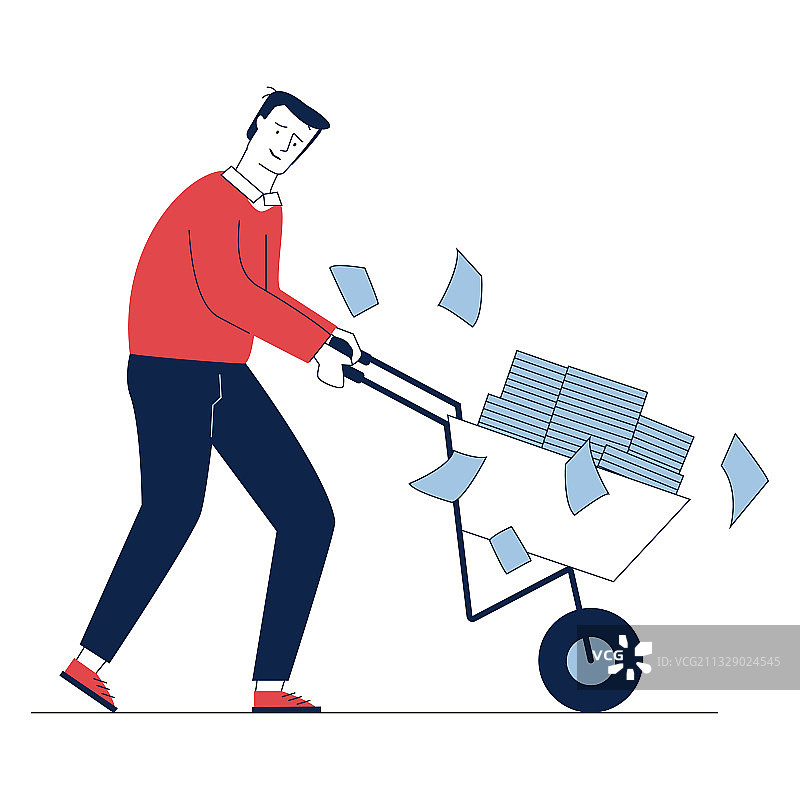 悲伤的员工推着装满文件的手推车图片素材