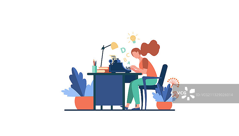 使用复古打字机的女作家图片素材