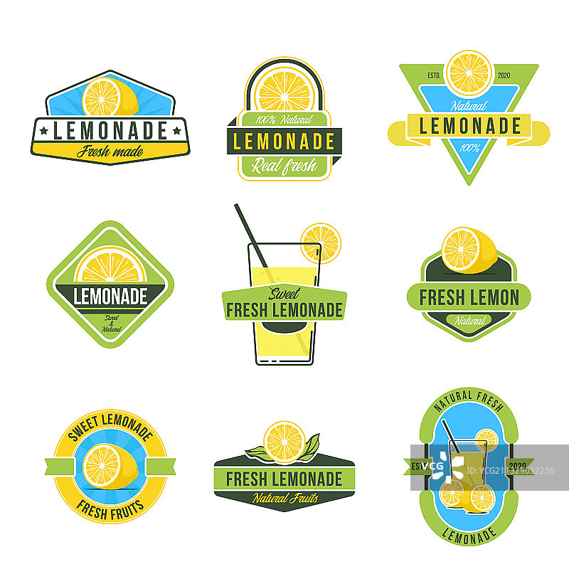 天然柠檬汁扁平标签套装图片素材