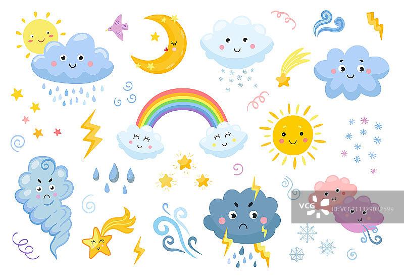 天气表情符号扁平图标集图片素材