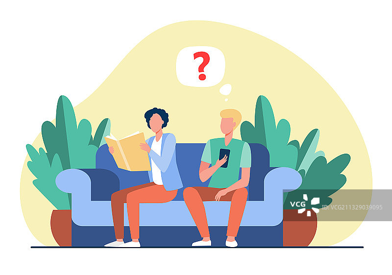 两个男人坐在沙发上看报纸图片素材