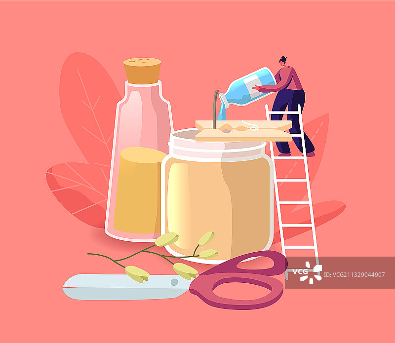 站在梯子上添加香水的迷你女人图片素材