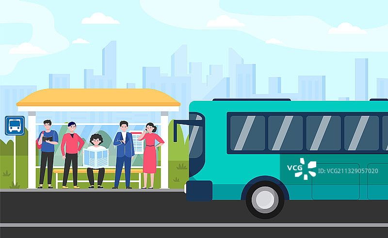 卡通乘客在公交车站等车图片素材