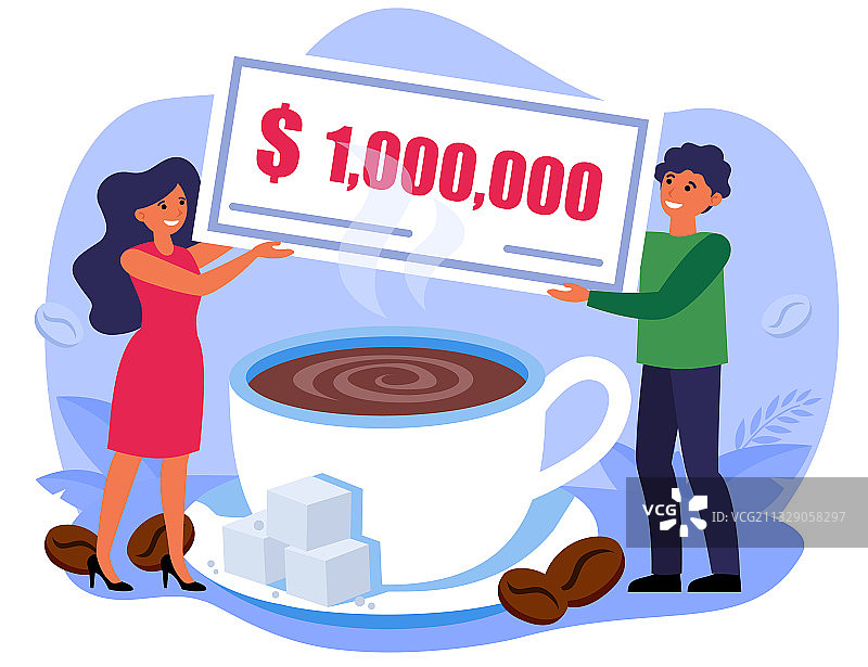 男人和女人拿着百万美元钞票在咖啡杯上图片素材