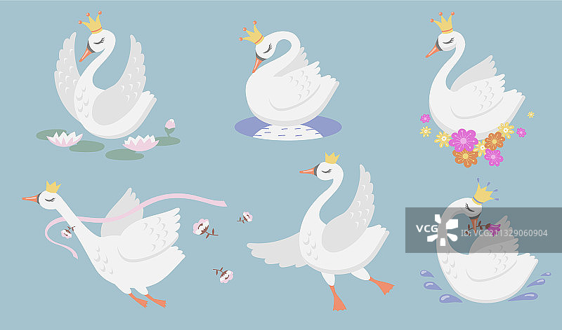 可爱的公主天鹅扁平图标集图片素材