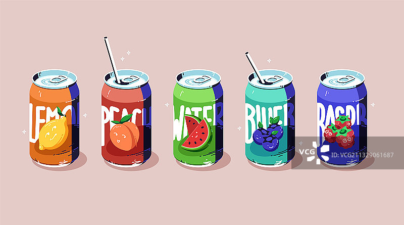 多种口味的冰镇水果苏打罐装饮料图片素材