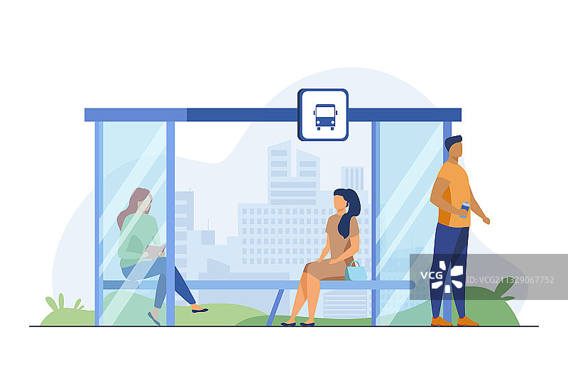 人们在公交车站等候公共交通图片素材