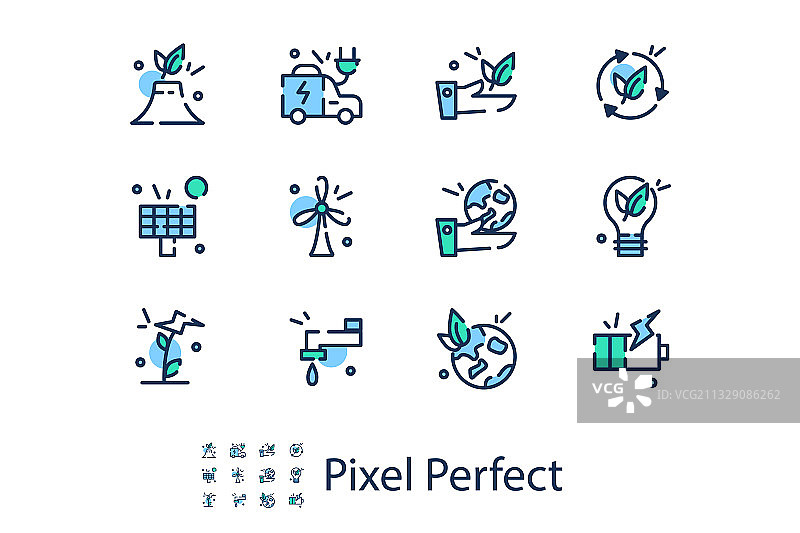 像素风格的现代生态主题线性图标图片素材