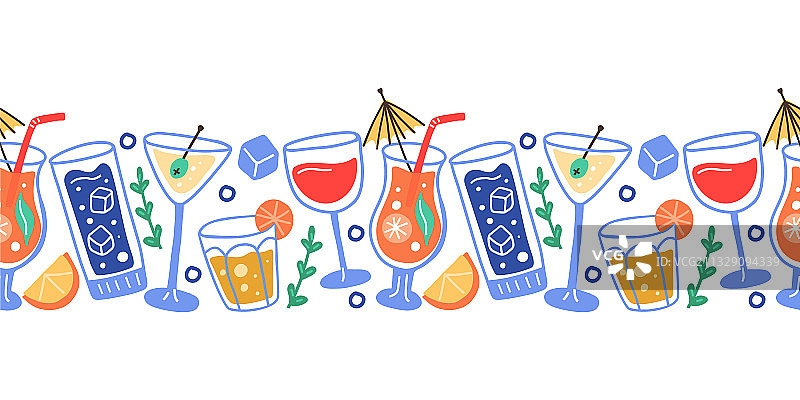 手绘热带鸡尾酒无缝边框图片素材