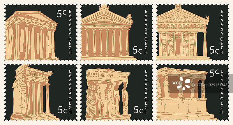 带有古希腊地标的邮票图片素材