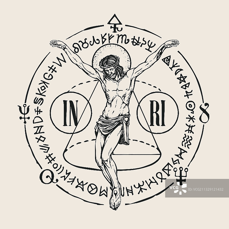 手绘耶稣与深奥符号banner图片素材