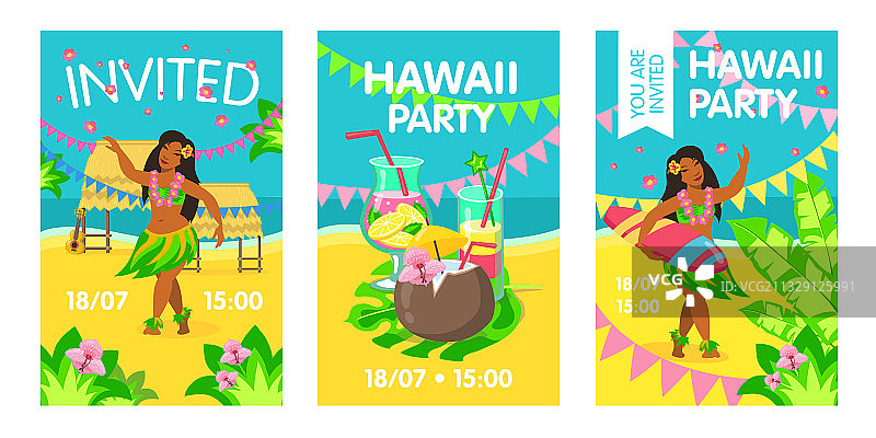 带有海滩女人的夏威夷邀请卡图片素材