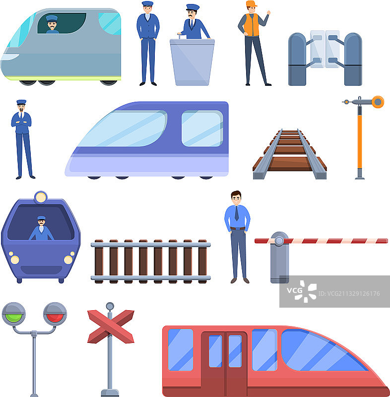 卡通风格的电力火车司机图标集图片素材