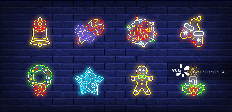 新年装饰霓虹灯标志套装图片素材