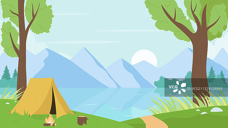 河畔或湖畔的露营地自然风光图片素材