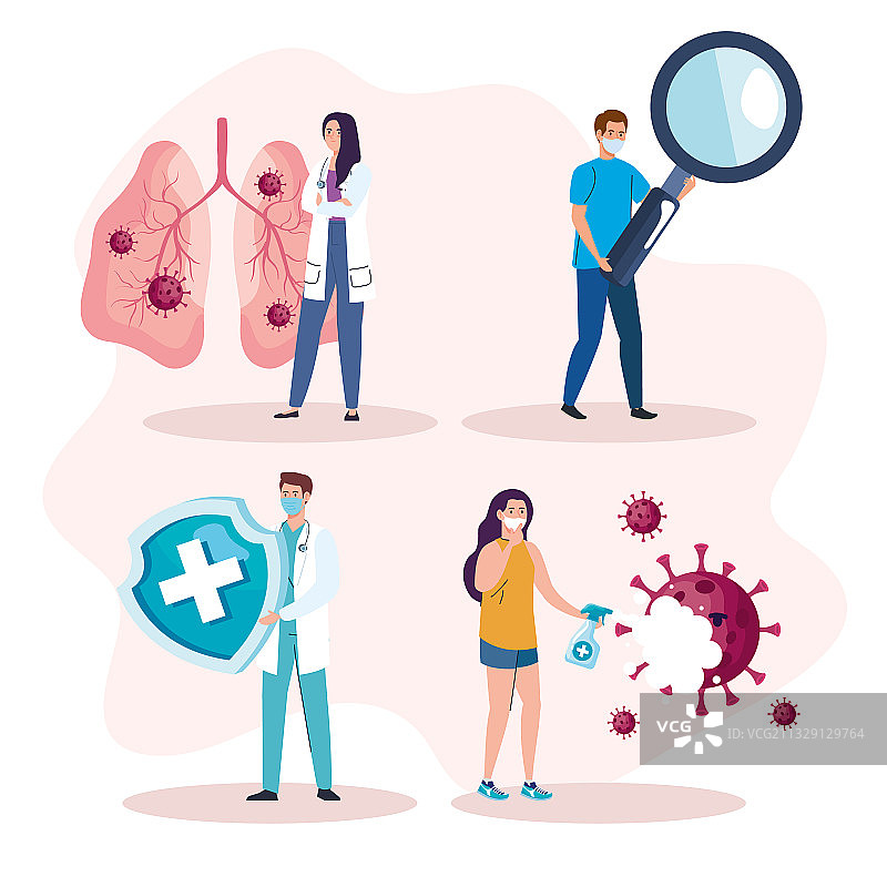 人群与COVID-19病毒颗粒图片素材