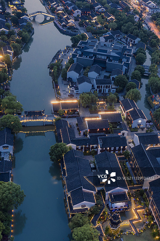 苏州园区斜塘老街的傍晚航拍图片素材