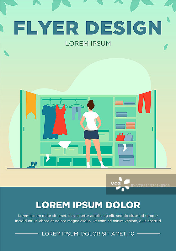 女人在衣柜里挑选连衣裙扁平插画图片素材