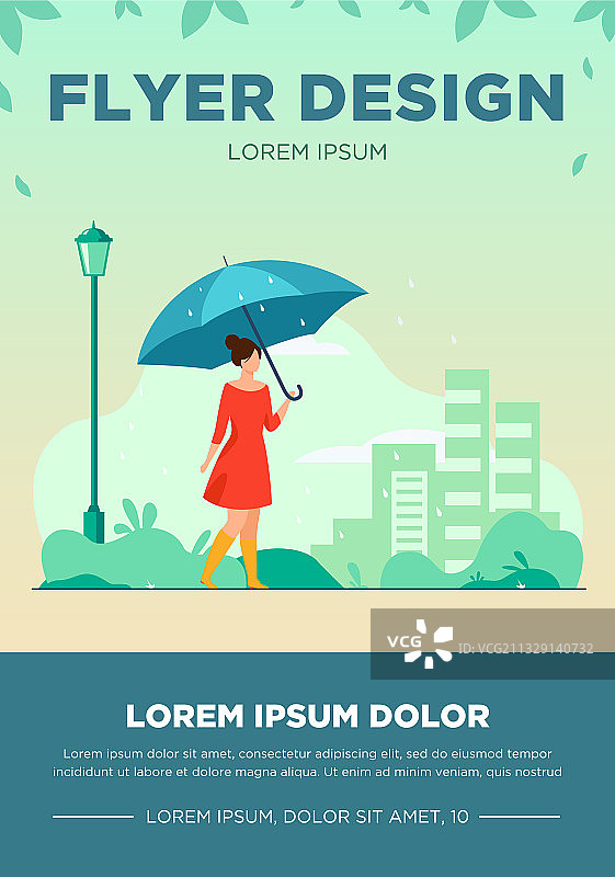 手持橙色雨伞的年轻女孩（扁平风格）图片素材