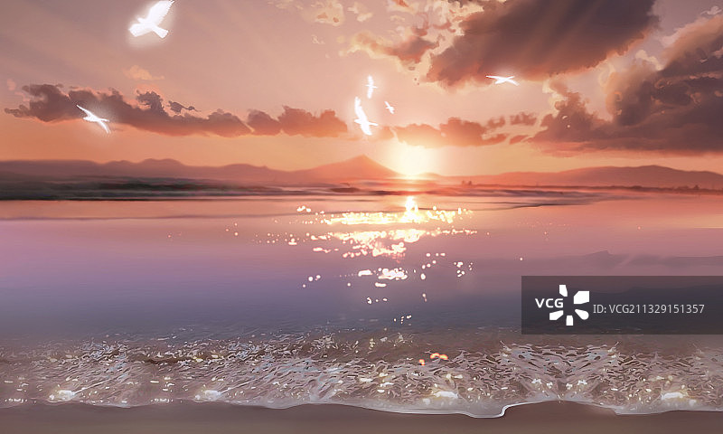 场景立绘之海边晚霞图片素材