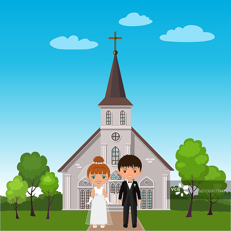 卡通教堂背景上的新婚夫妇图片素材