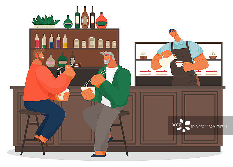 两个男人坐在现代椅子上吃东西图片素材