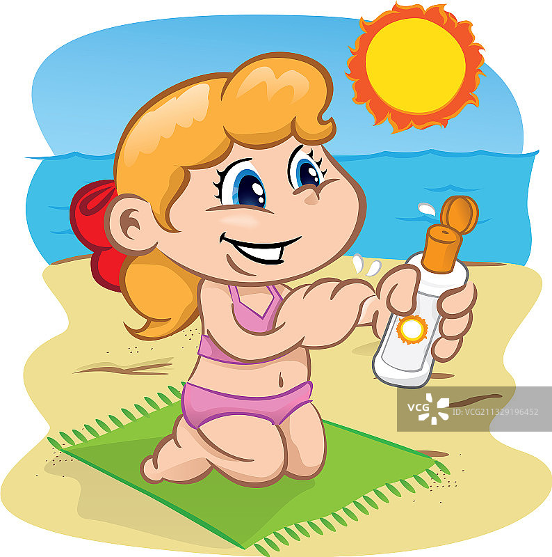 在海滩上涂抹防晒霜的儿童图片素材