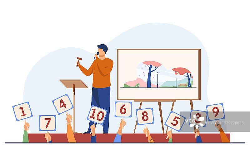 拍卖师用槌子在舞台上拍卖艺术品图片素材