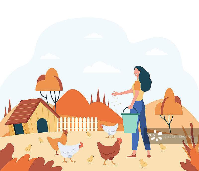 快乐的女人喂养家禽扁平图片素材