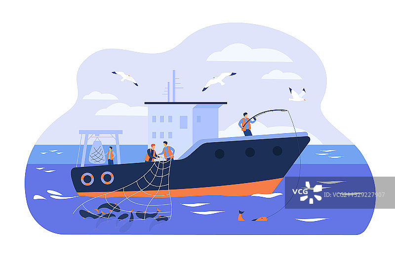 在船上工作的专业渔民图片素材