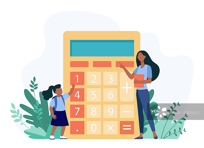 女人教女孩如何使用计算器图片素材