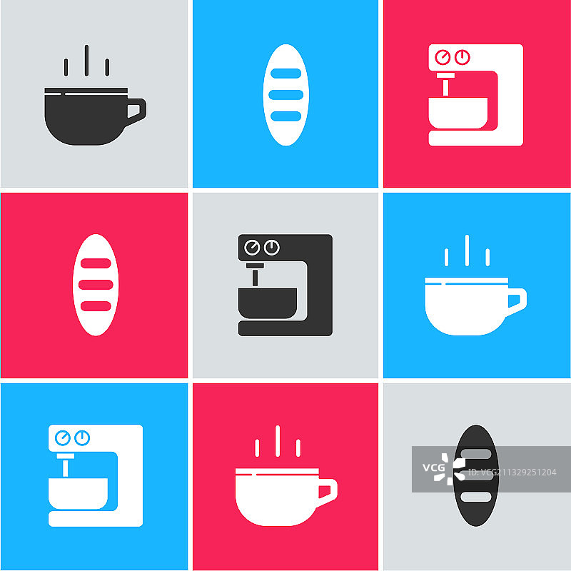 咖啡杯、面包和电动搅拌机图标套装图片素材