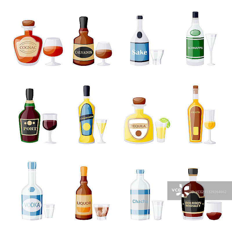 扁平风格的酒水饮料瓶和酒杯图片素材