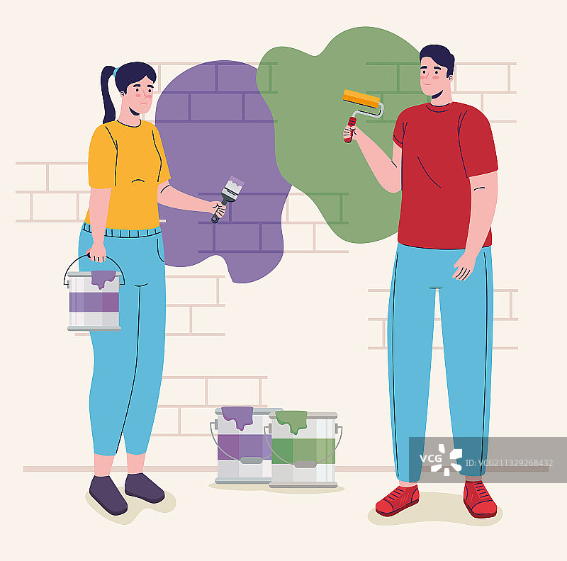 建筑工人夫妇与油漆滚筒图片素材