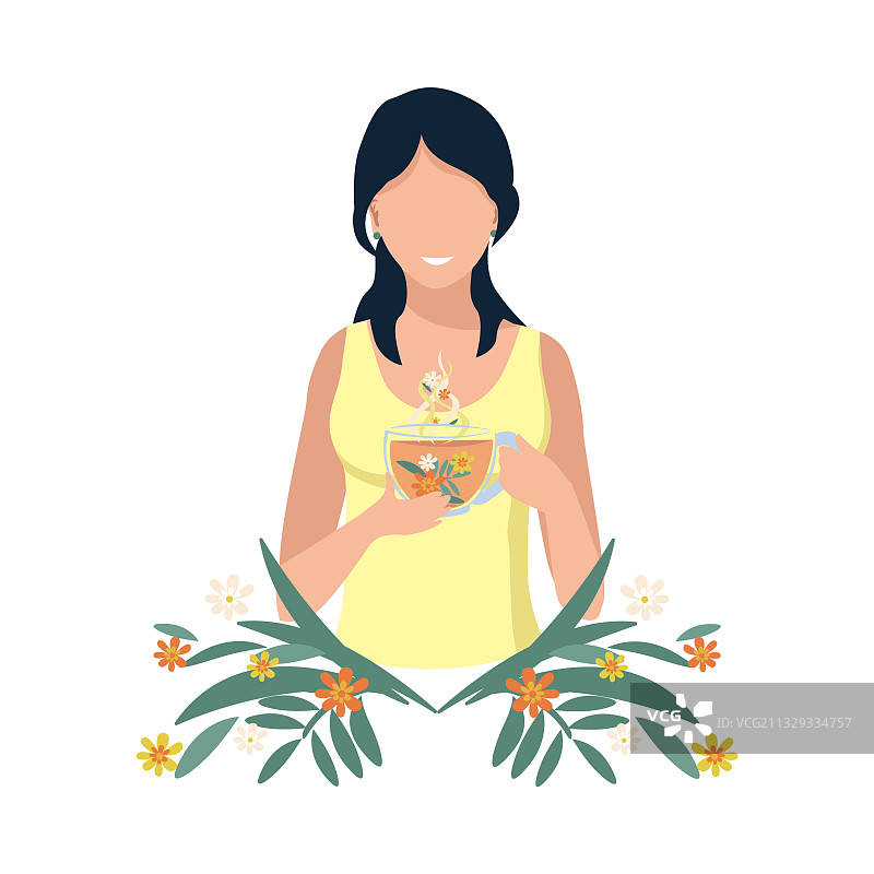 女孩喝草药茶图片素材