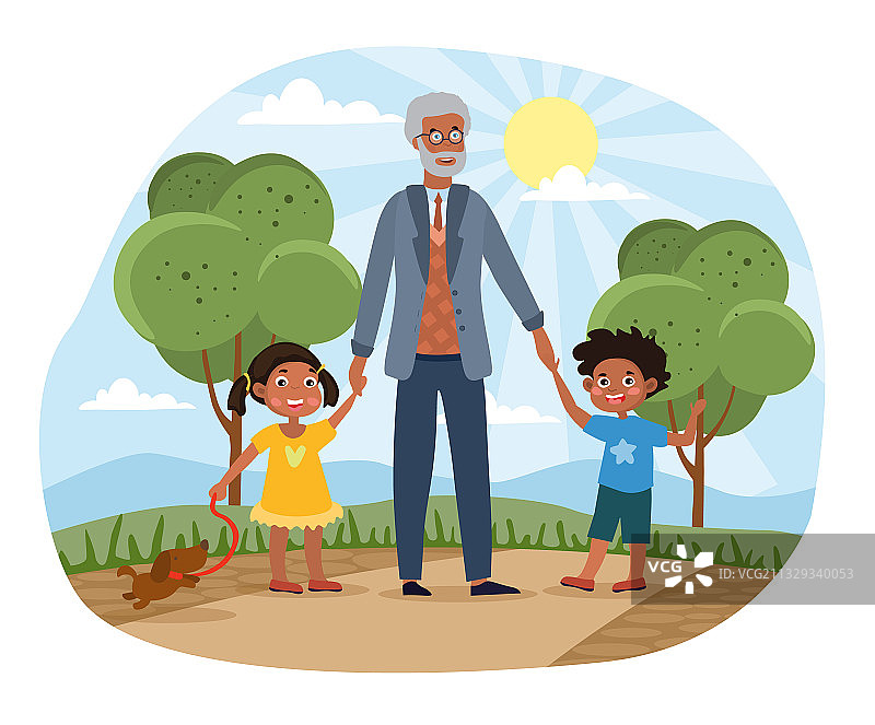 孙辈与祖父在公园散步图片素材