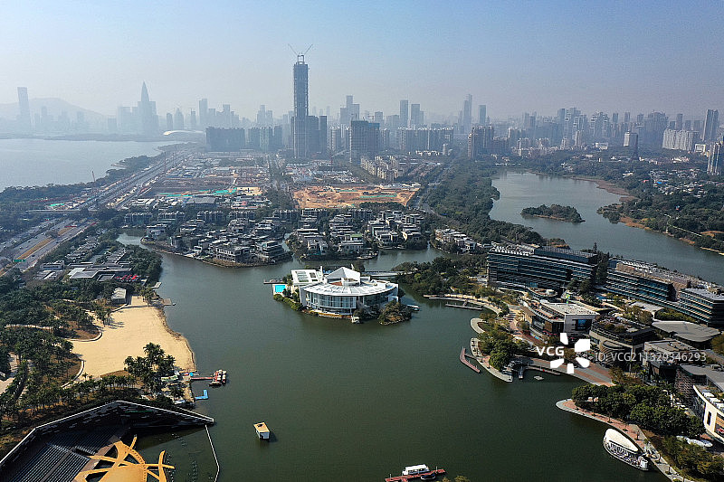 广东省深圳市南山区深圳湾公园欢乐海岸香港大学深圳医院航拍图片素材
