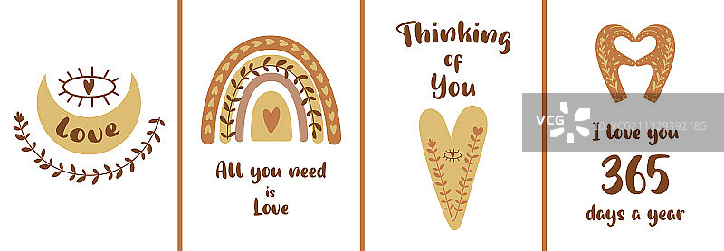 波西米亚风情人节卡片套装：月亮与彩虹图片素材