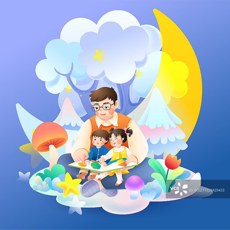 父亲节儿童月亮星星森林蘑菇花矢量插画图片素材