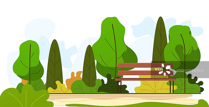 夏季公园美丽的自然风光和木凳图片素材