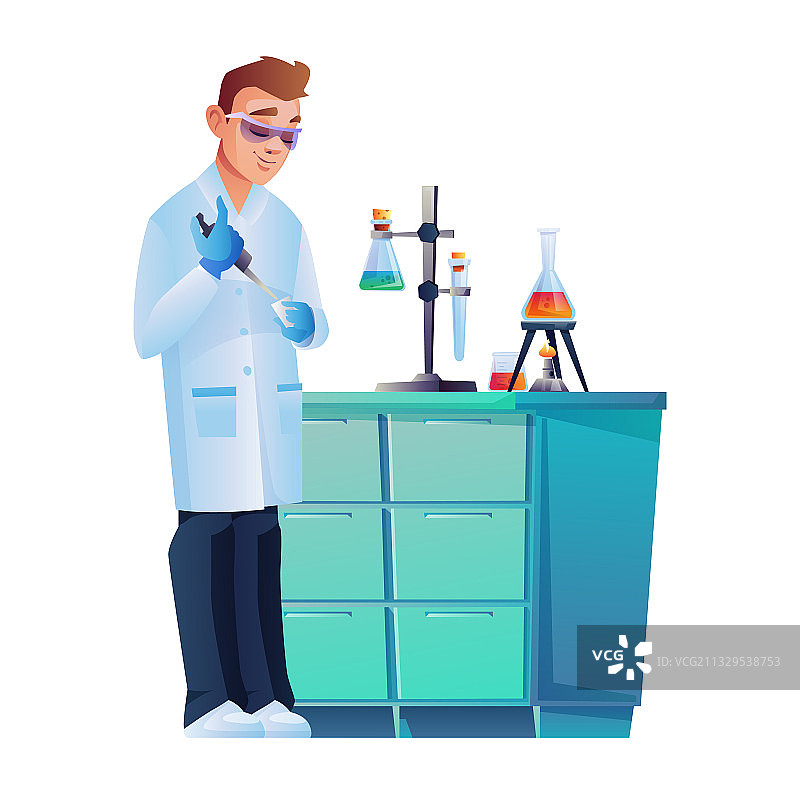 科学家用化学烧瓶做实验图片素材