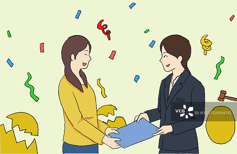 女人合作庆祝交换合同开心高兴表情插画图片素材