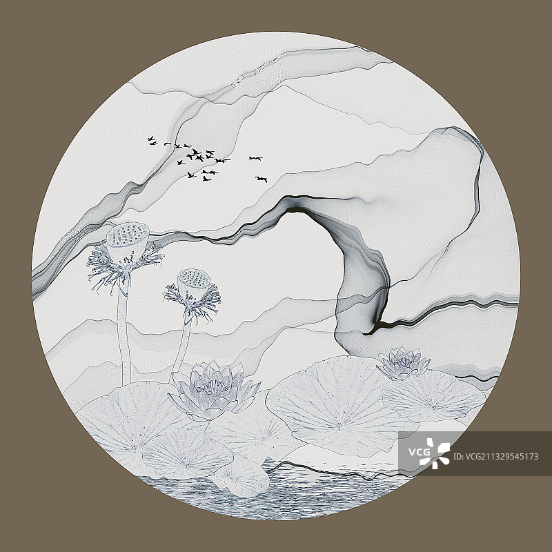 中国愿水墨山水圆形画图片素材