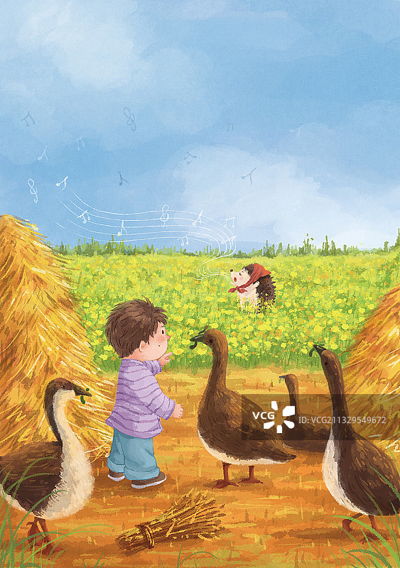 儿童和大雁可爱插画图片素材