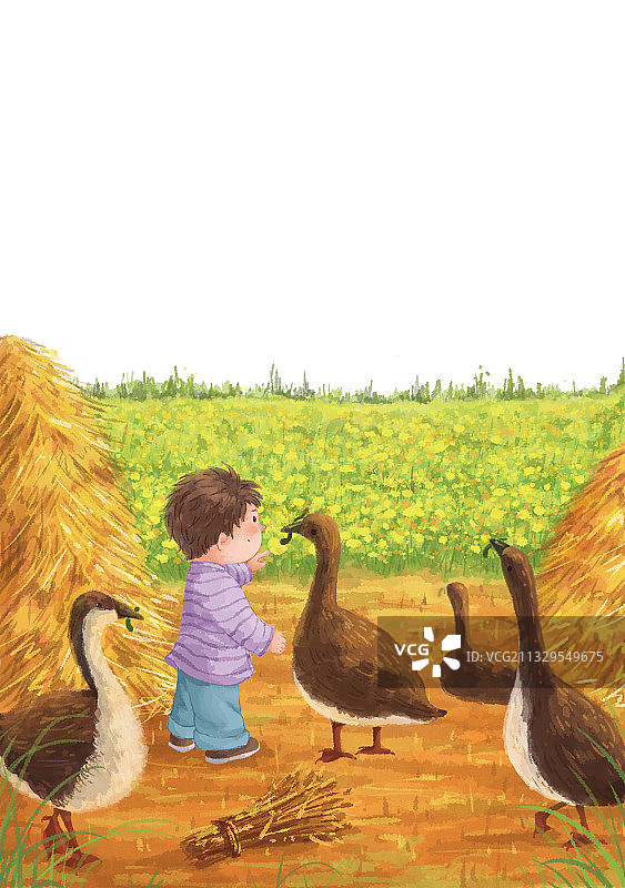 儿童和大雁可爱插画白底图片素材