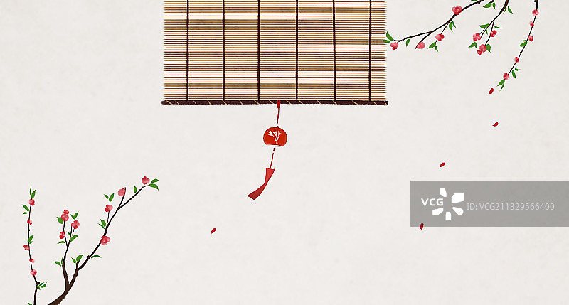 中式插画背景桃花卷帘图片素材