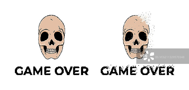 人体头骨和像素风格游戏结束图案图片素材