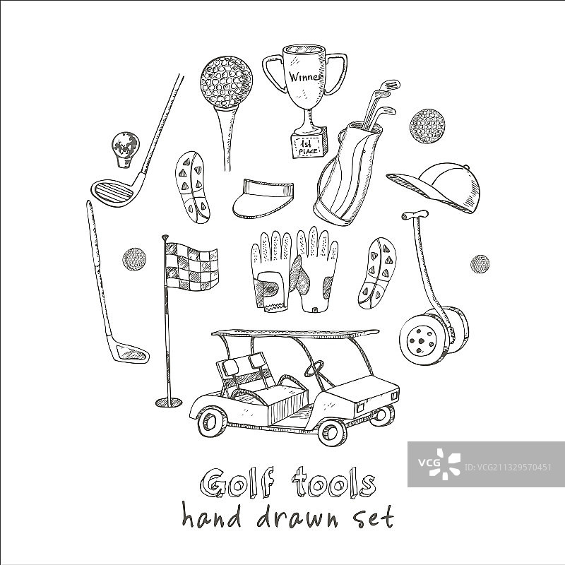 手绘复古高尔夫球具套装图片素材