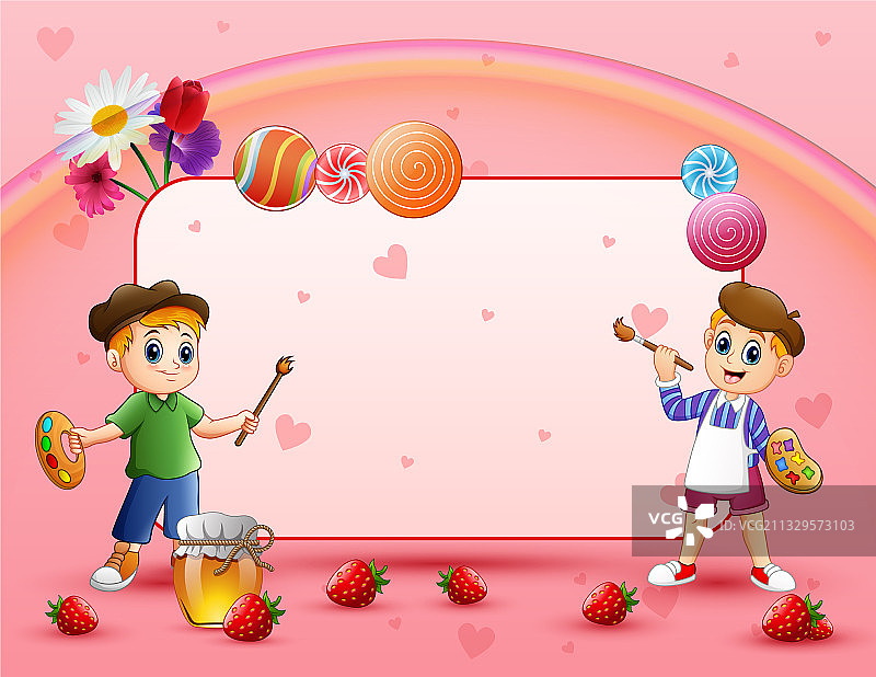 两个男孩绘画的粉色甜卡片图片素材